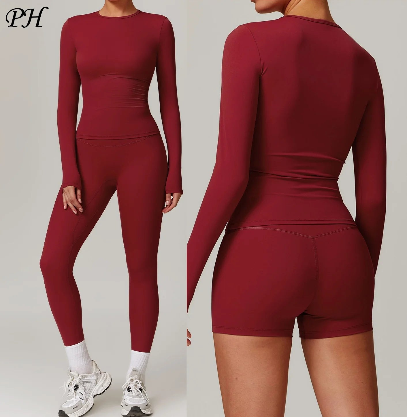 2Pcs Yoga Set Women Workout Tracksuit Gym Clothes Fitness Long Sleeve Shirts High Waist Leggings Set Sport Shorts Sleeves Suit