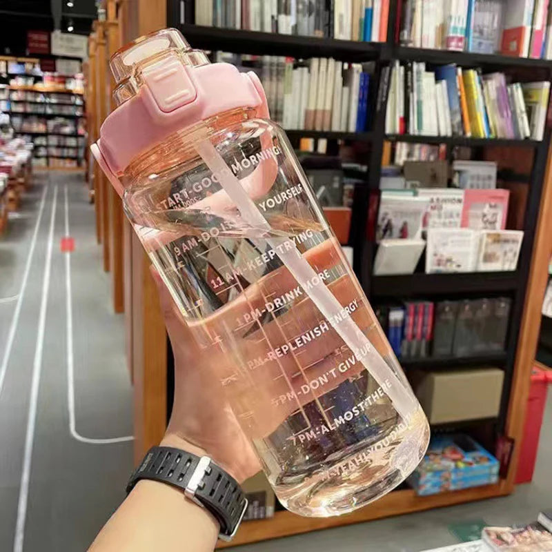 2 Liter Big Water Bottle With Straw Outdoor Sports Female Travel bottles Fitness Cup Summer Cold Water Jug with Time Marker